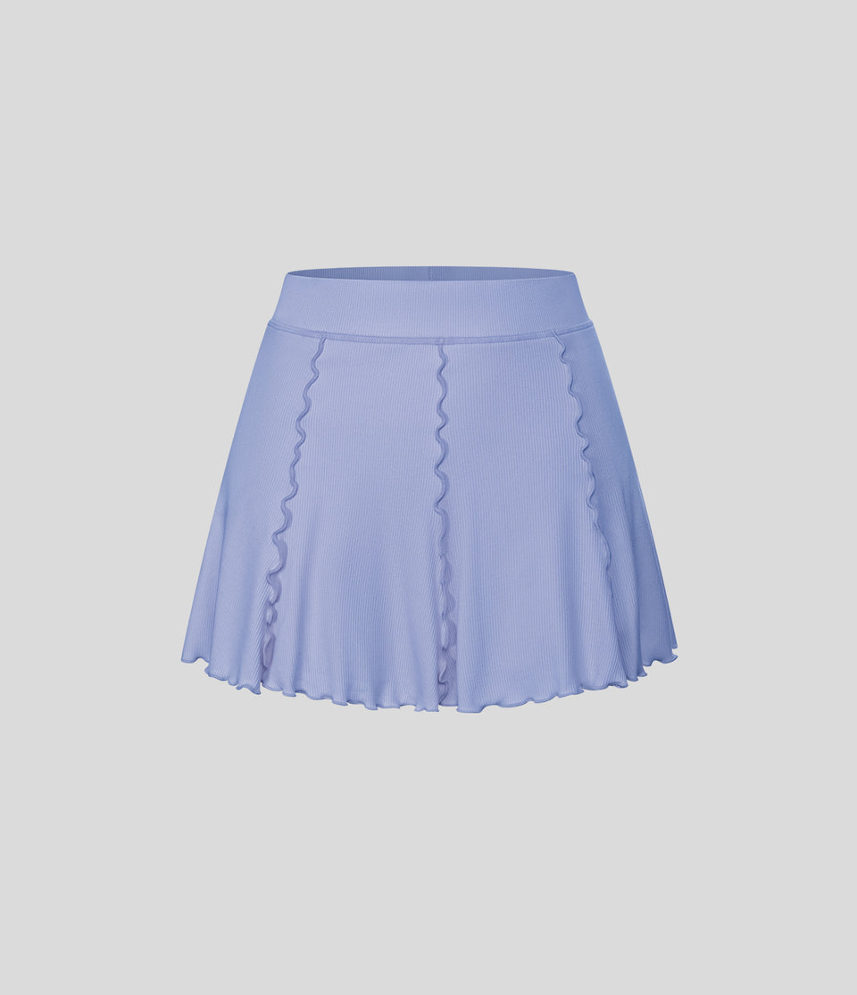 Ribbed Knit High Waisted Contrast Trim Frill 2-in-1 Side Pocket Mini Tennis Skirt