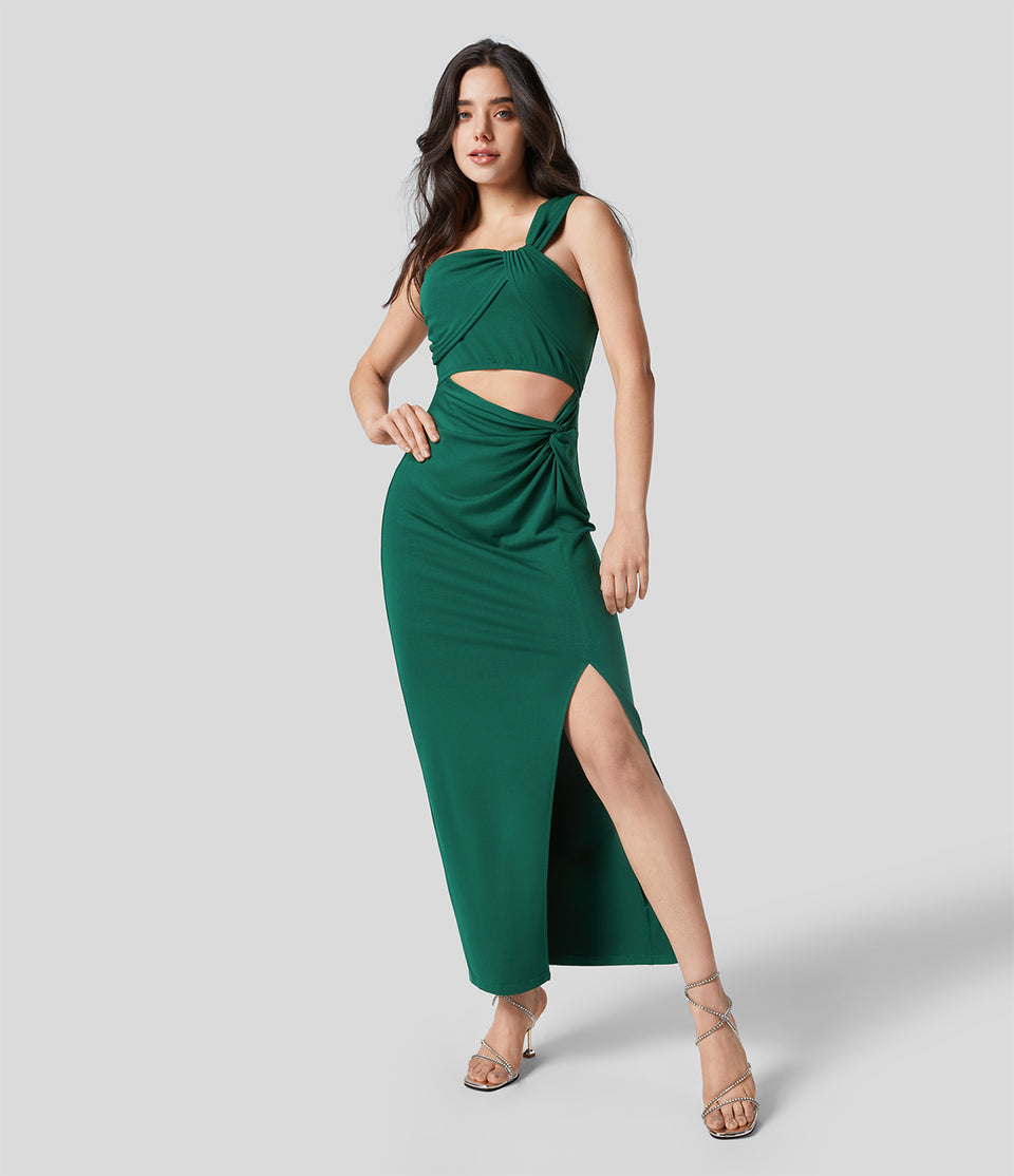 One Shoulder Twisted Cut Out Backless Split Maxi Party Dress