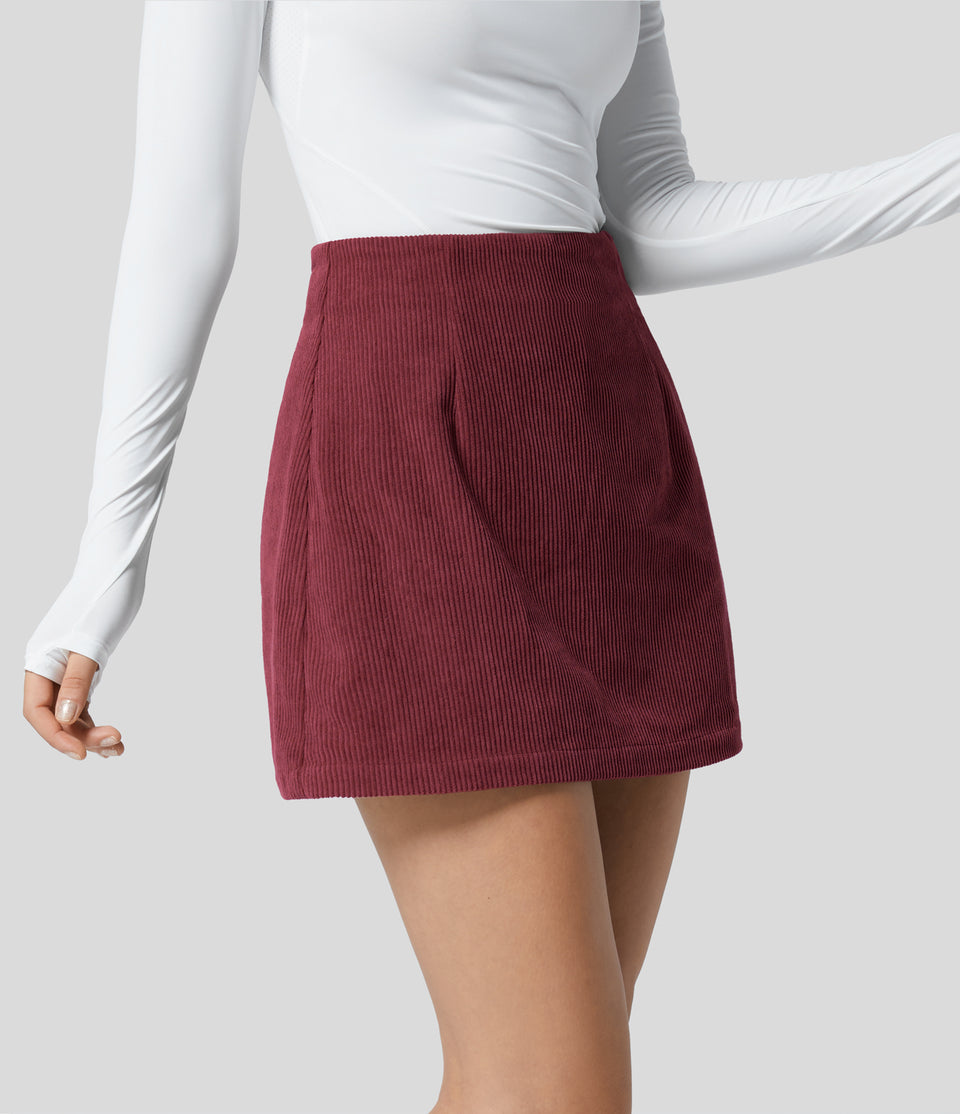 High Waisted Invisible Zipper 2-in-1 A Line Mini Corduroy Casual Skirt