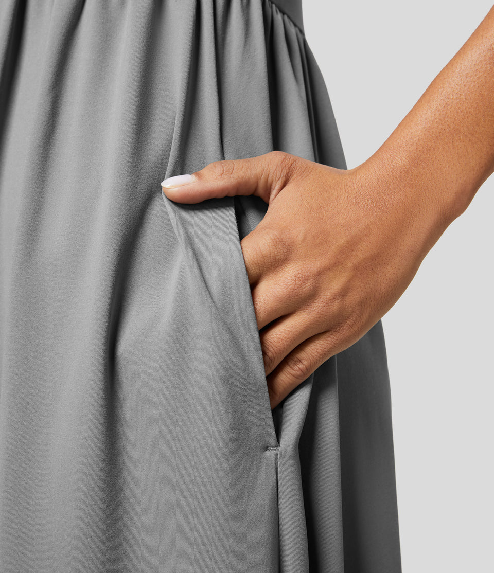 V Neck Decorative Button Short Sleeve Side Pocket Plicated Midi Casual Dress