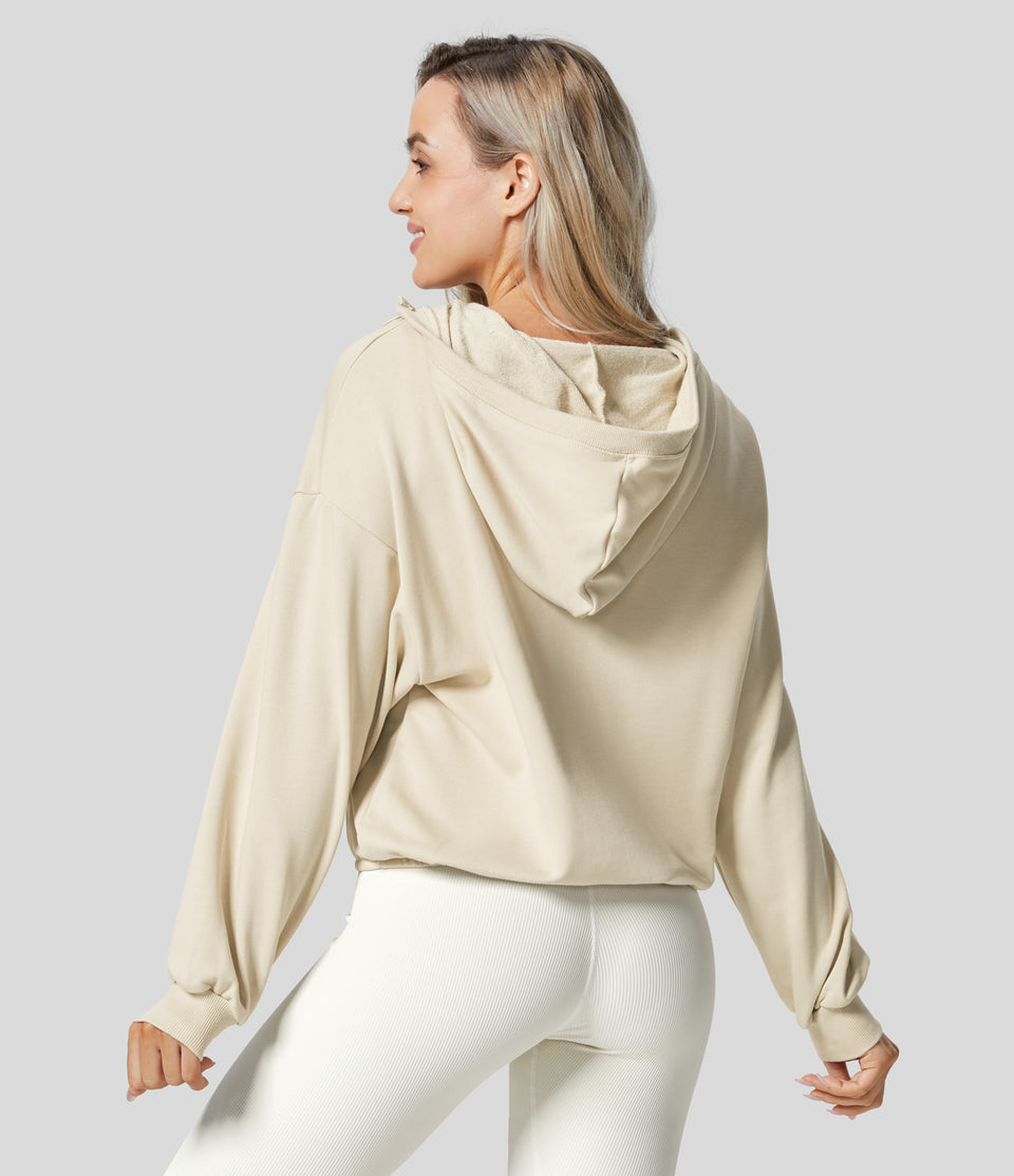 Hooded Drawcord Half Zip Long Sleeve Kangaroo Pocket Casual Sweatshirt