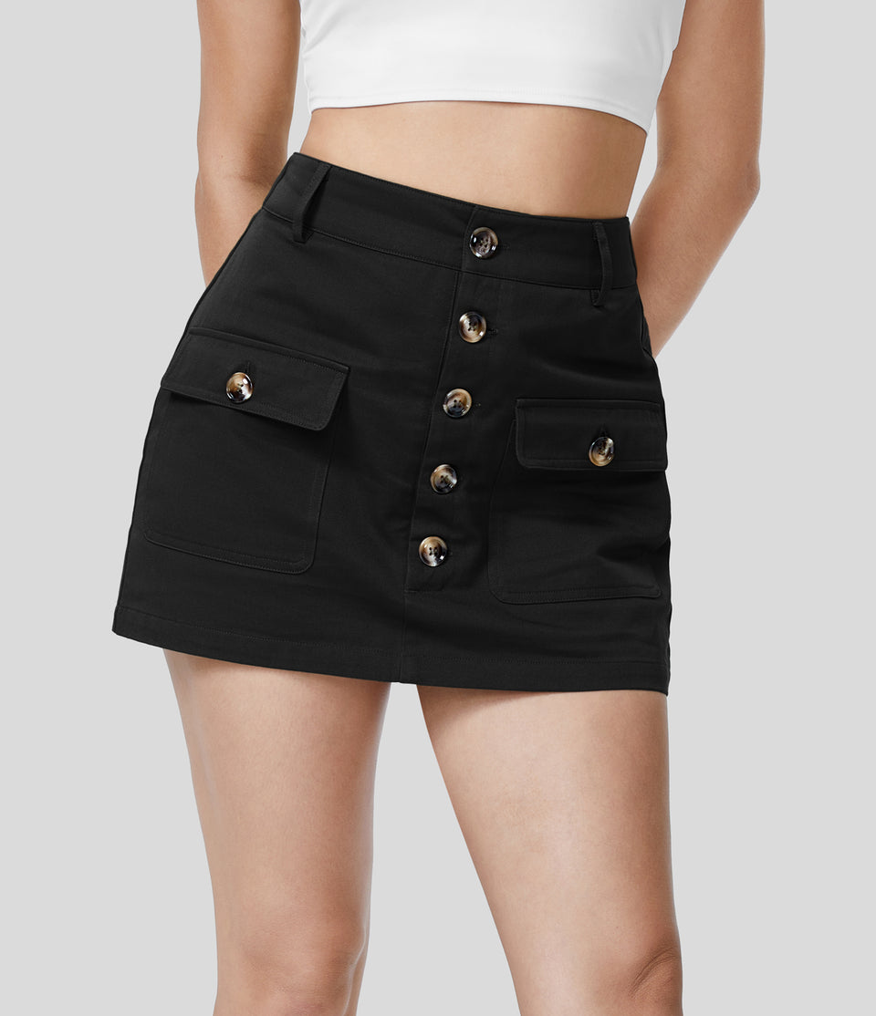 High Waisted Button Flap Cargo Pocket A Line Mini Casual Cotton Skirt