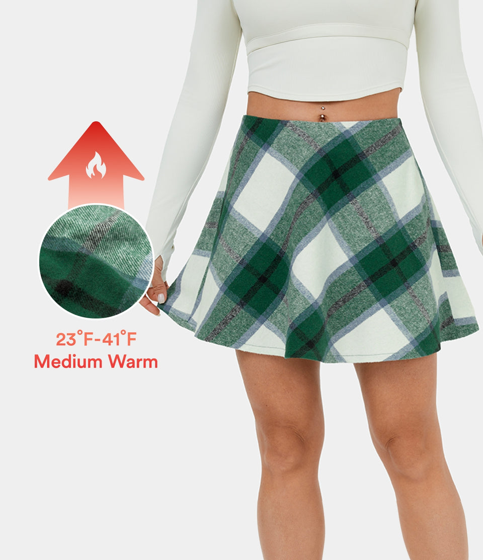Mid Rise Side Zipper A Line 2-in-1 Plaid Fleece Mini Casual Skirt