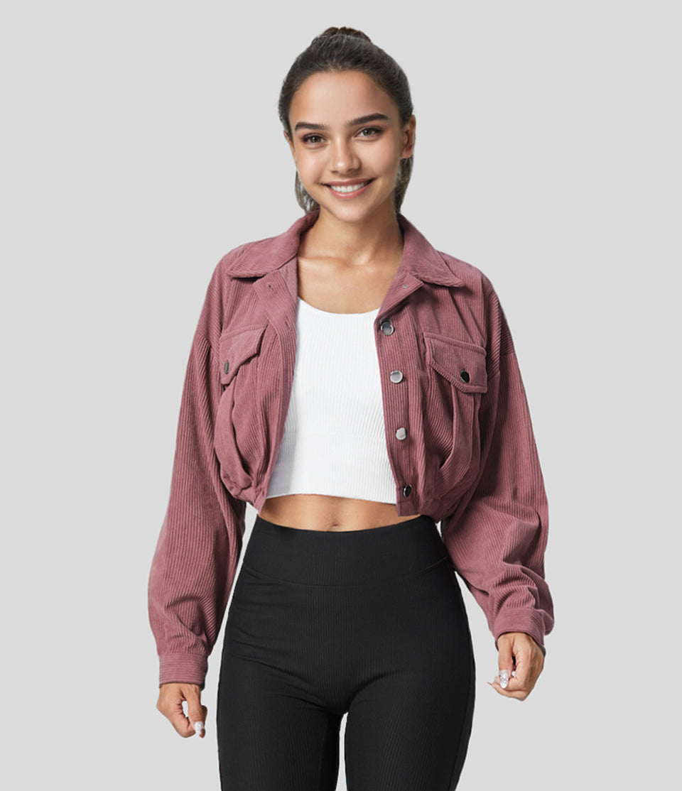 Collared Button Pocket Cropped Corduroy Casual Jacket