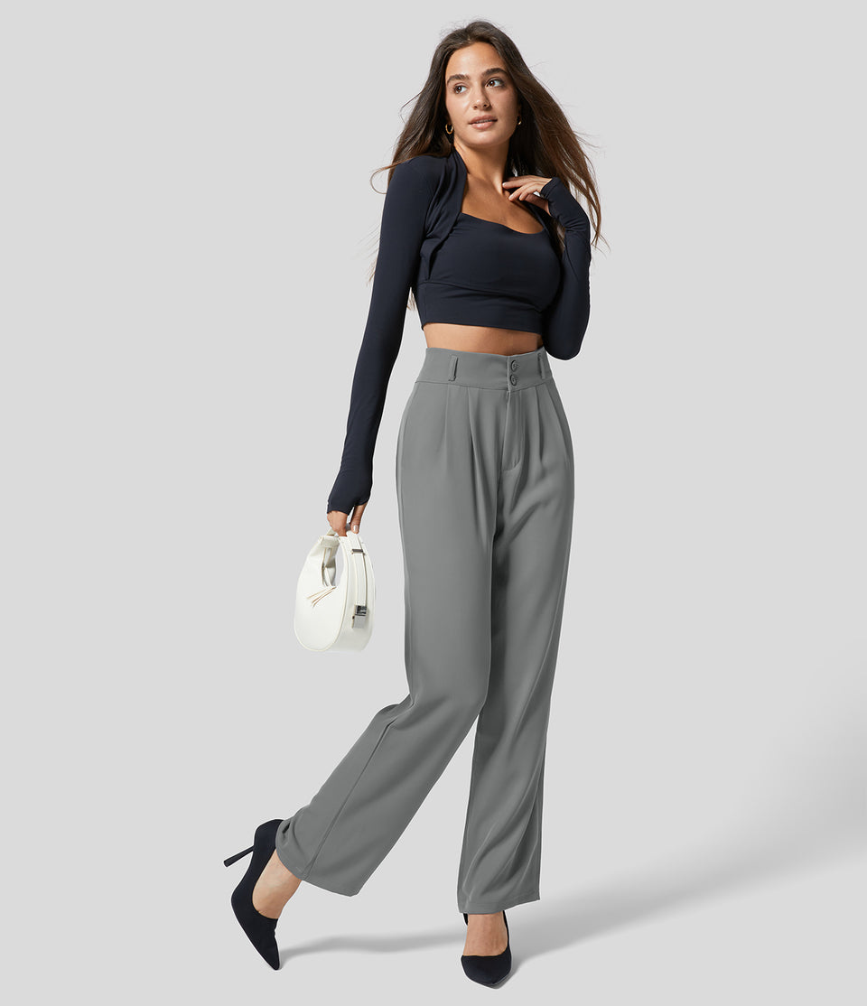 High Waisted Button Zipper Plicated Side Pocket Shirred Straight Leg Work Suit Pants