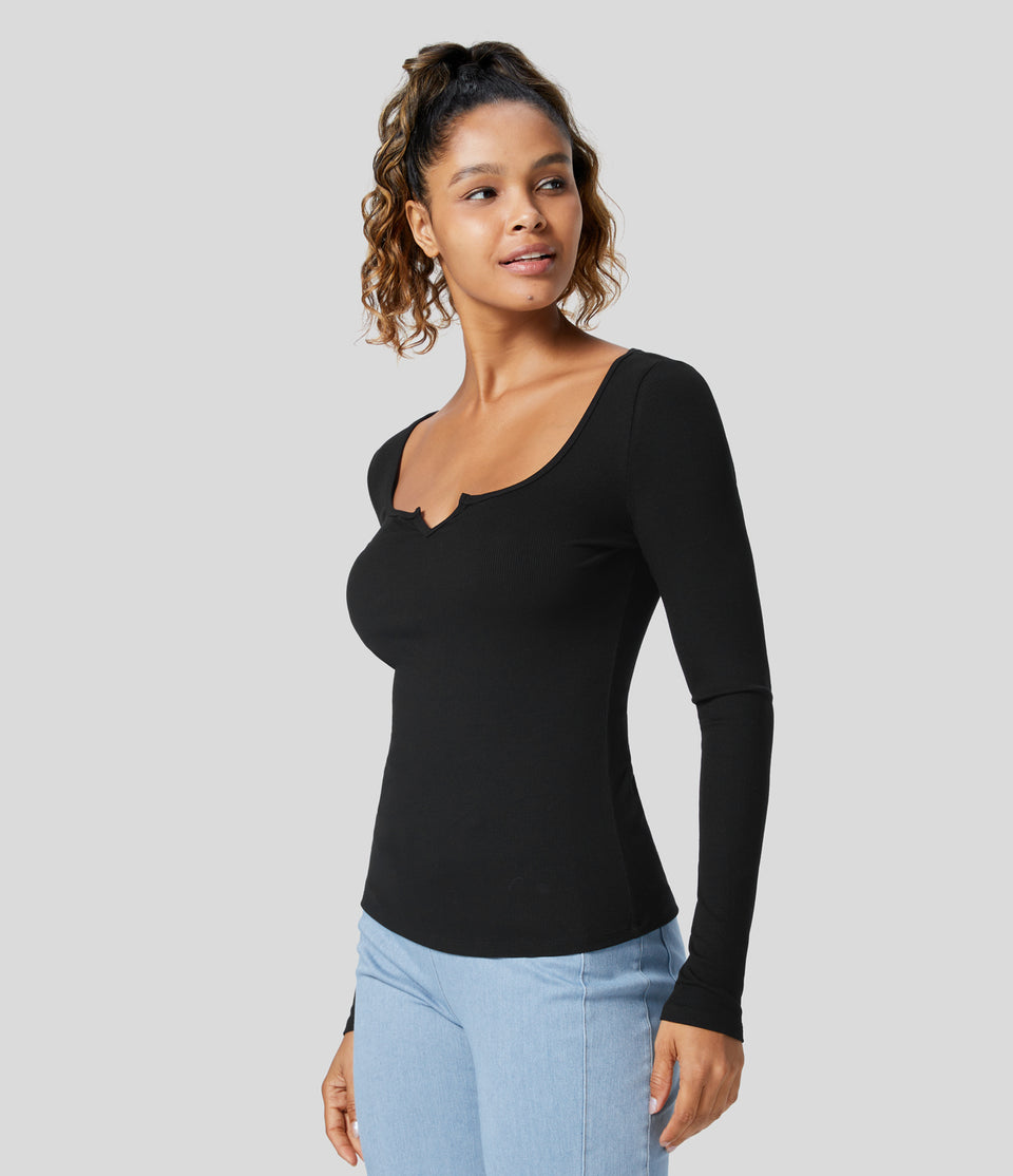 Ribbed Notched Scoop Neck Long Sleeve Slim Casual Top