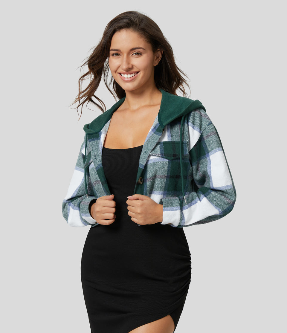 Hooded Drawstring Button Front Cropped Plaid Fleece Casual Jacket