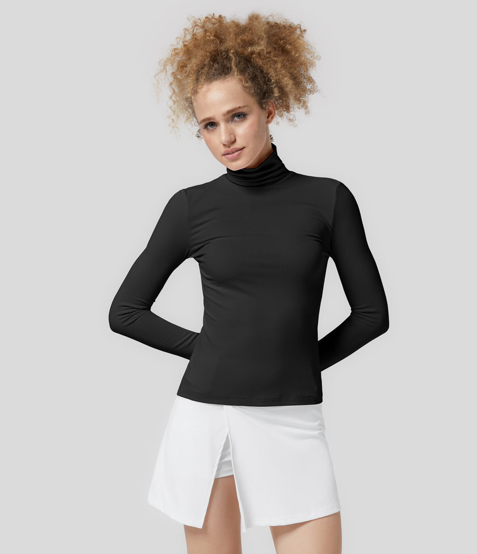Ribbed Knit High Collar Long Sleeve Casual Top