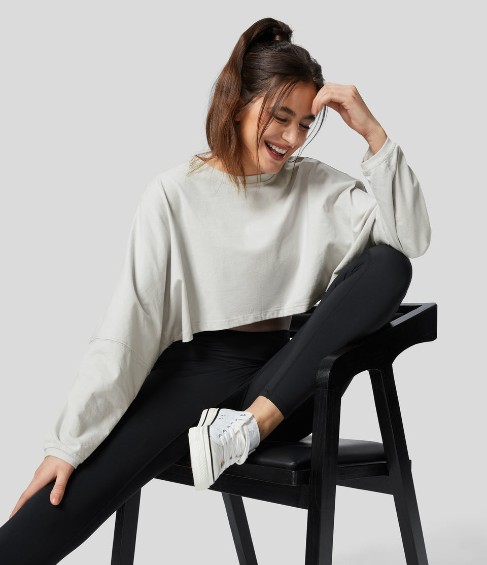 Round Neck Batwing Sleeve Cropped Oversize Casual Cotton Sweatshirt