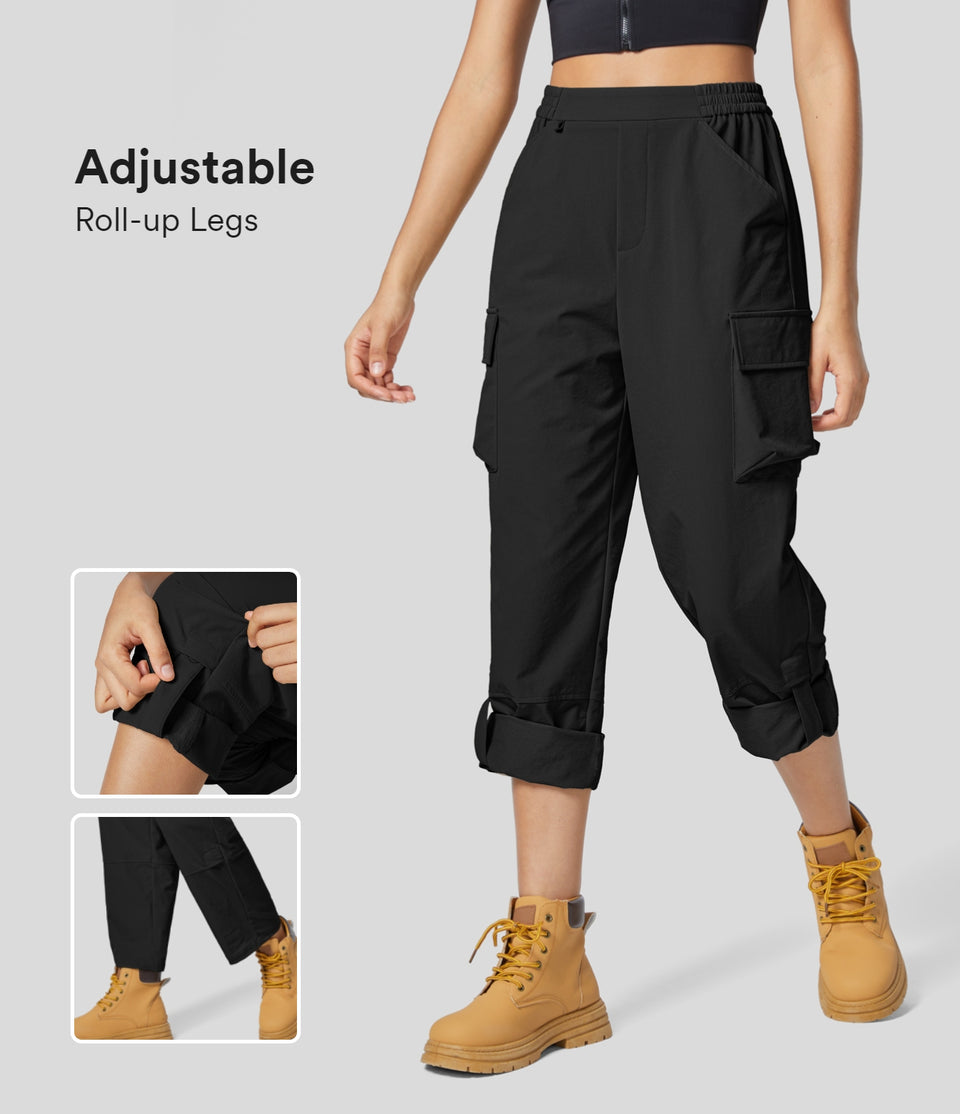 High Waisted Elastic Waistband Multiple Pockets Adjustable Roll-up Legs Hiking Cargo Pants