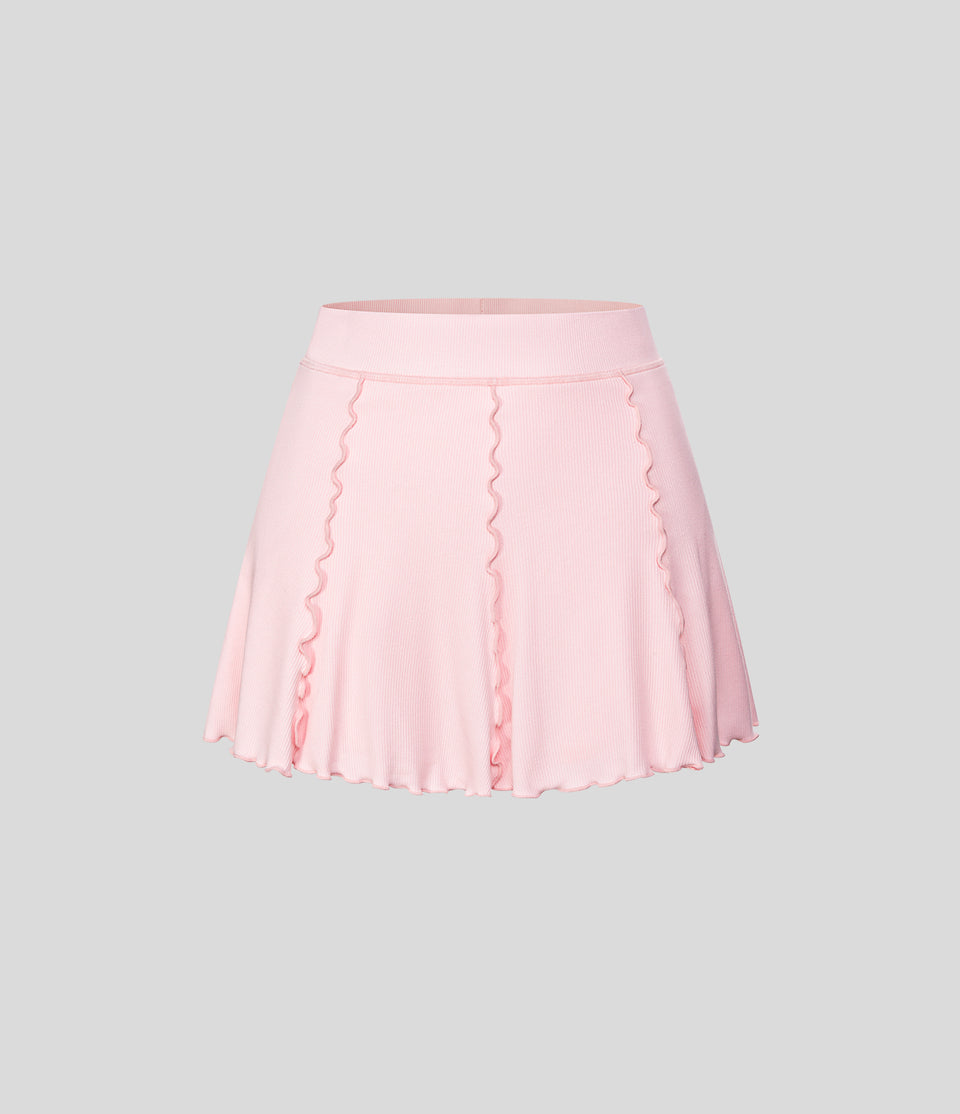 Ribbed Knit High Waisted Contrast Trim Frill 2-in-1 Side Pocket Mini Tennis Skirt