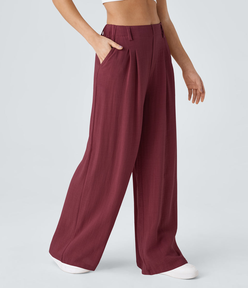 High Waisted Plicated Side Pocket Wide Leg Flowy Solid Palazzo Casual Linen-Feel Pants