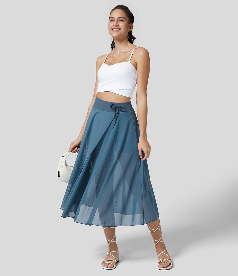 High Waisted Drawstring Contrast Mesh 2-in-1 Side Pocket Flowy Midi Flare Casual Skirt