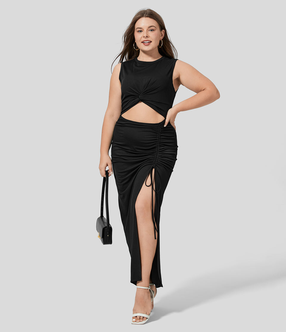 Round Neck Twisted Cut Out Ruched Drawstring Split Hem Bodycon Midi Casual Plus Size Dress
