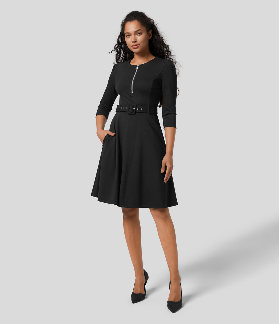 Round Neck Zipper Belted Side Pocket Midi Fit And Flare Work Dress