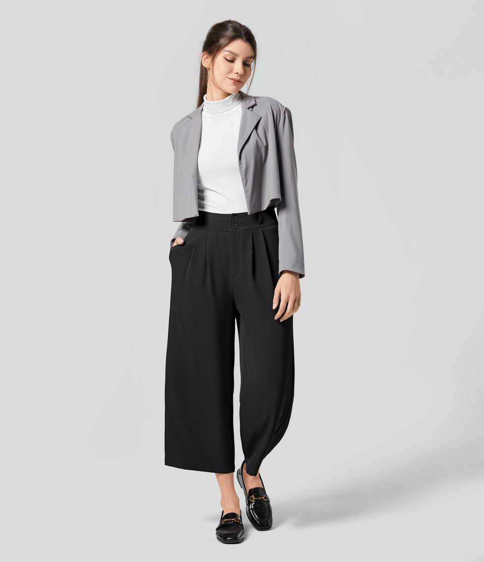 High Waisted Button Zipper Plicated Side Pocket Shirred Wide Leg Cropped Work Suit Pants