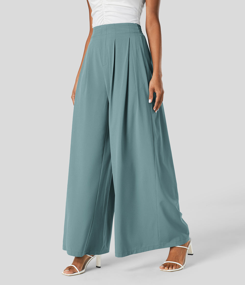 Breezeful™ High Waisted Plicated Side Pocket Shirred Wide Leg Flowy Solid Palazzo Quick Dry Casual Pants