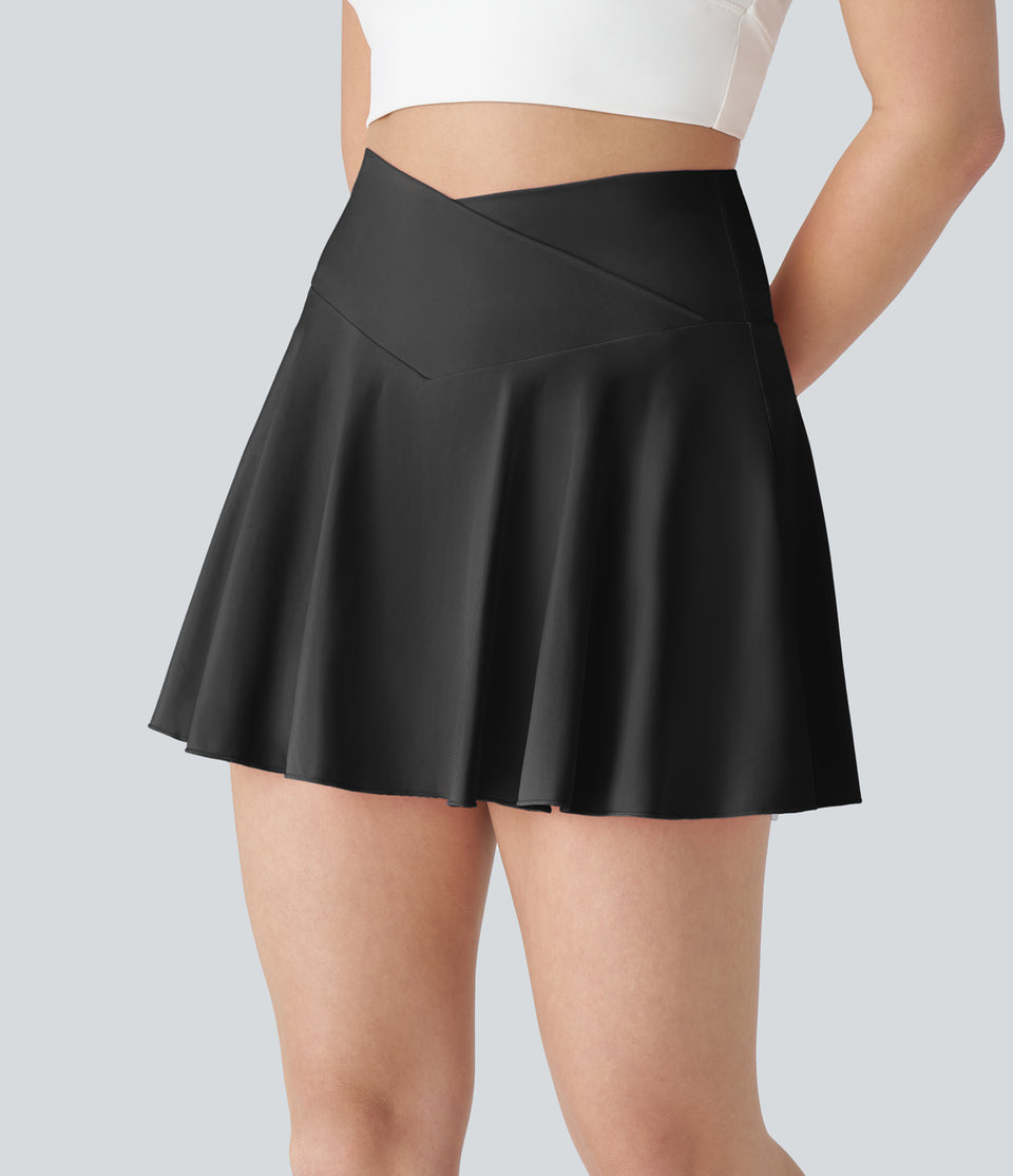 Softlyzero™ Airy Comfy High Waisted Crossover 2-in-1 Side Pocket Flare Cool Touch Tennis Skirt-Longer Length-UPF50+