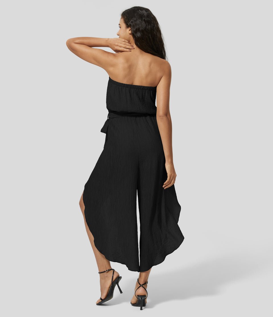 Strapless Backless Belted 2-in-1 Split Flowy Casual Jumpsuit