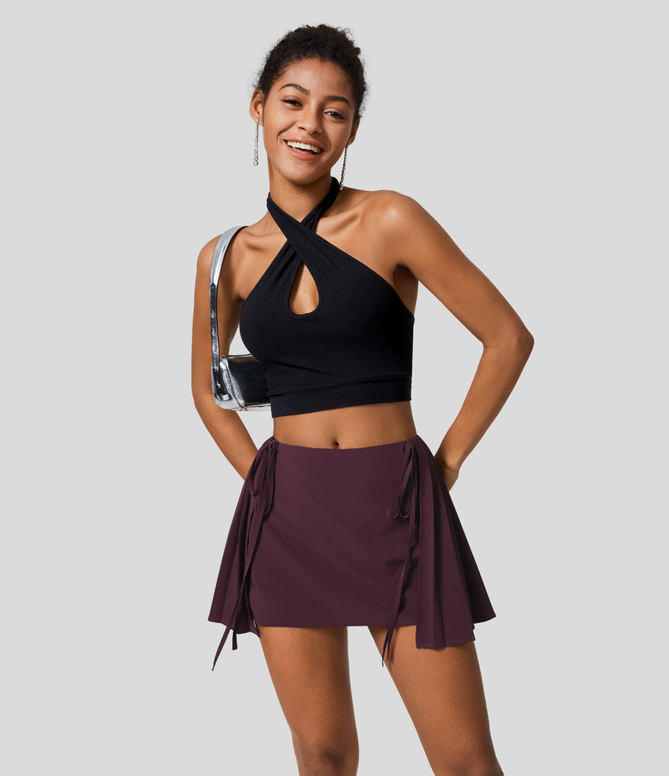Breezeful™ Mid Rise Invisible Zipper Tie Side 2-in-1 Side Pocket Pleated Quick Dry Mini Yoga Skirt