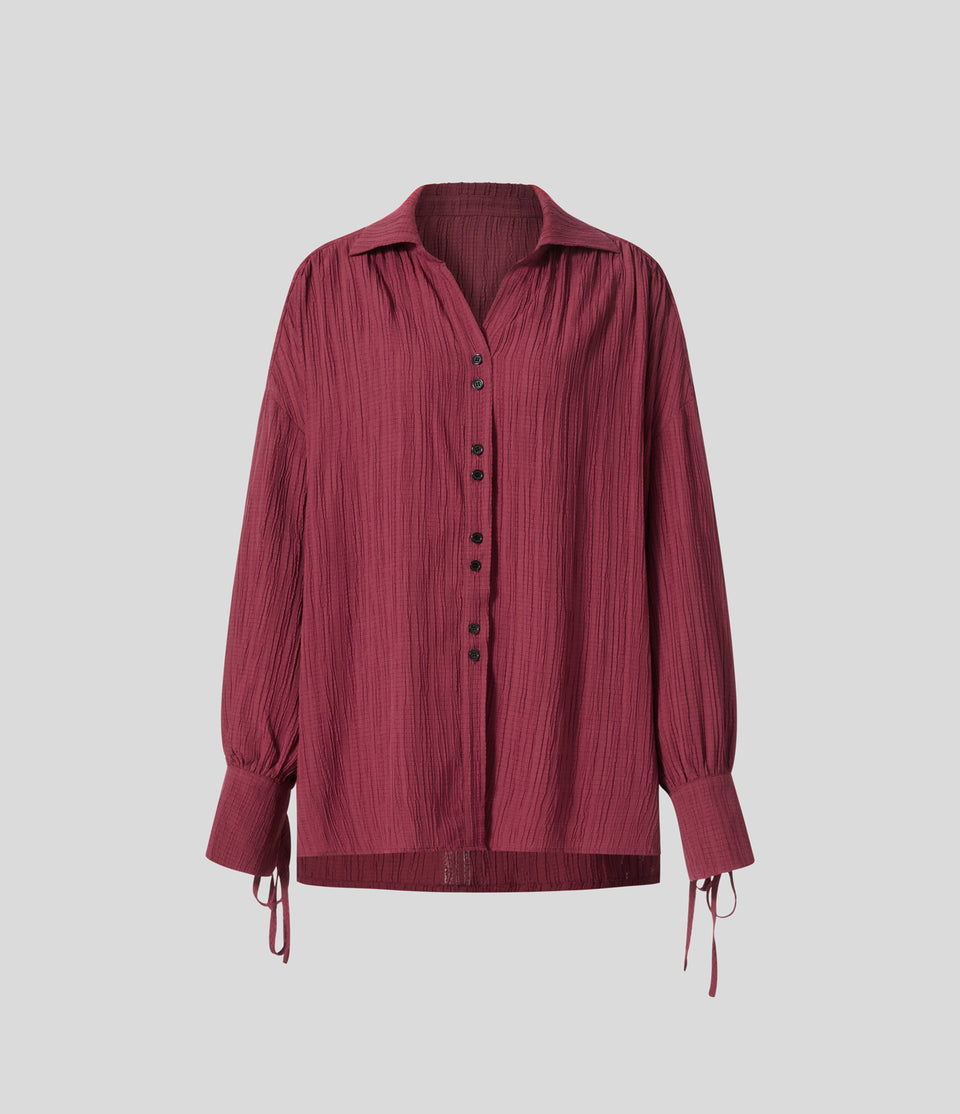 Collared Knot Cuff Plicated Back Button Front Oversize Casual Shirt