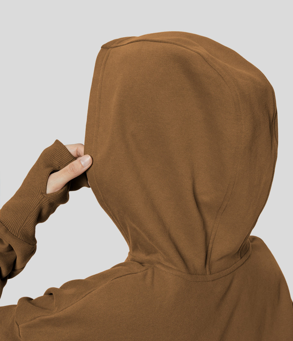 V Neck Hooded Dropped Shoulder Thumb Hole Kangaroo Pocket Fleece Yoga Cotton Sweatshirt
