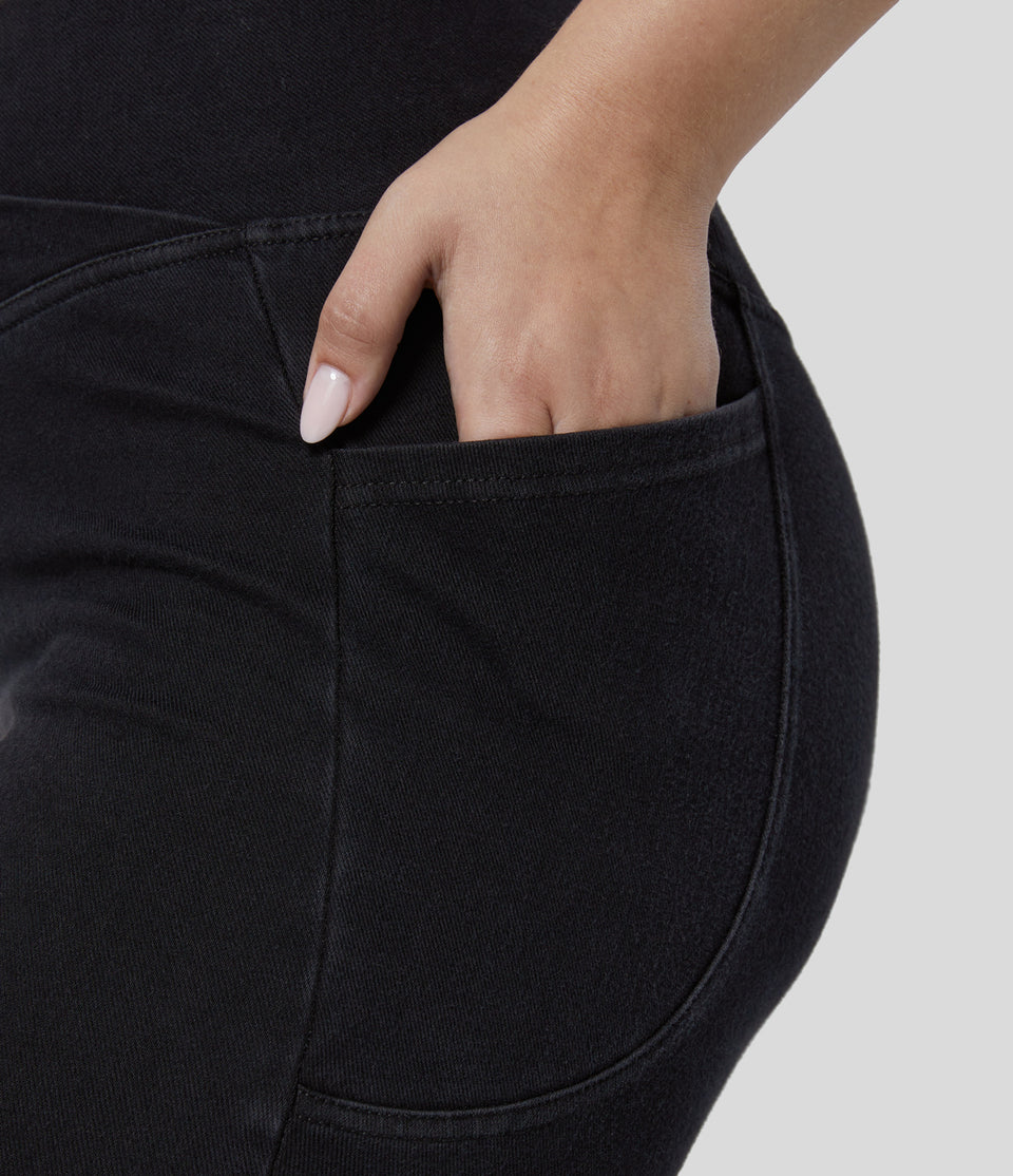 HalaraMagic™ Crossover Side Pocket Washed Stretchy Knit Denim Work Plus Size Leggings