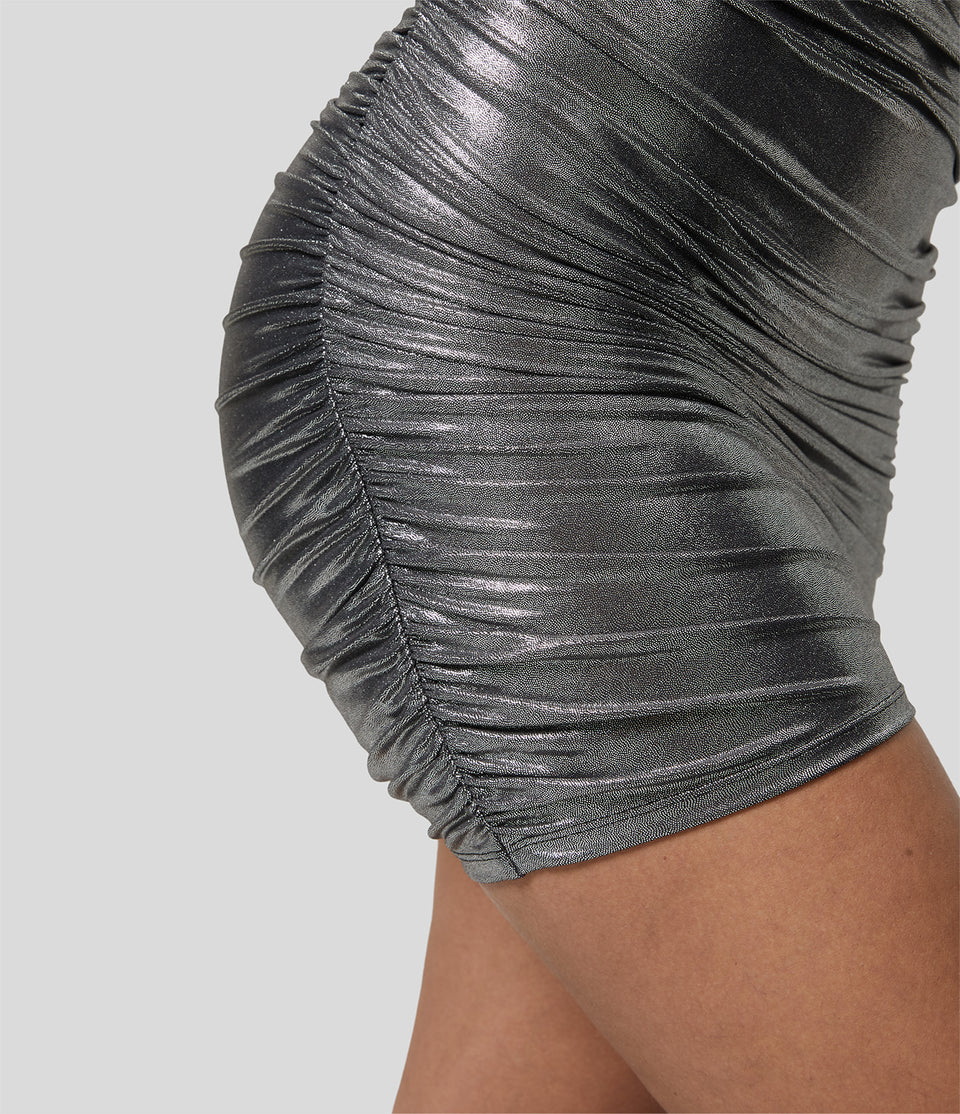 Softlyzero™ Faux Leather One Shoulder Ruched Bodycon Foil Print Stretchy Mini Party Dress