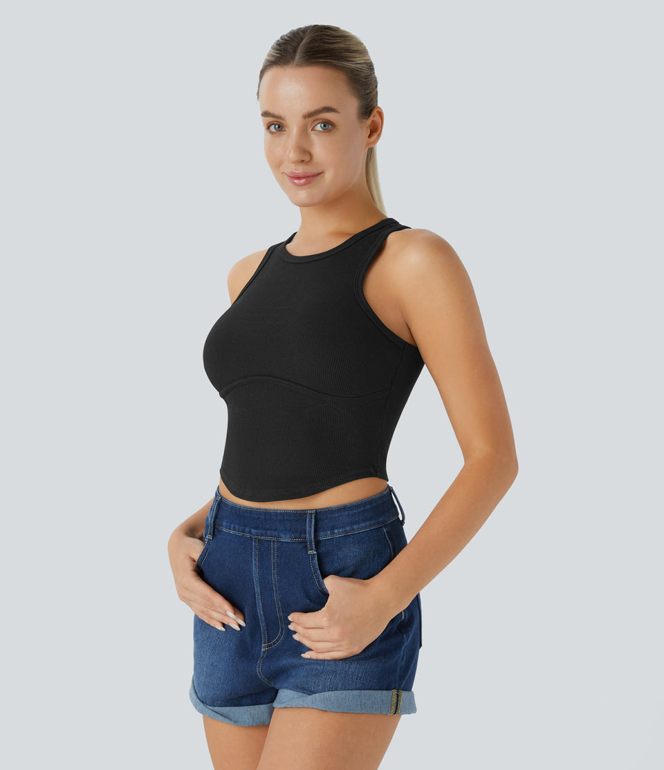 Ribbed Knit Curved Hem Cropped Skinny Casual Tank Top