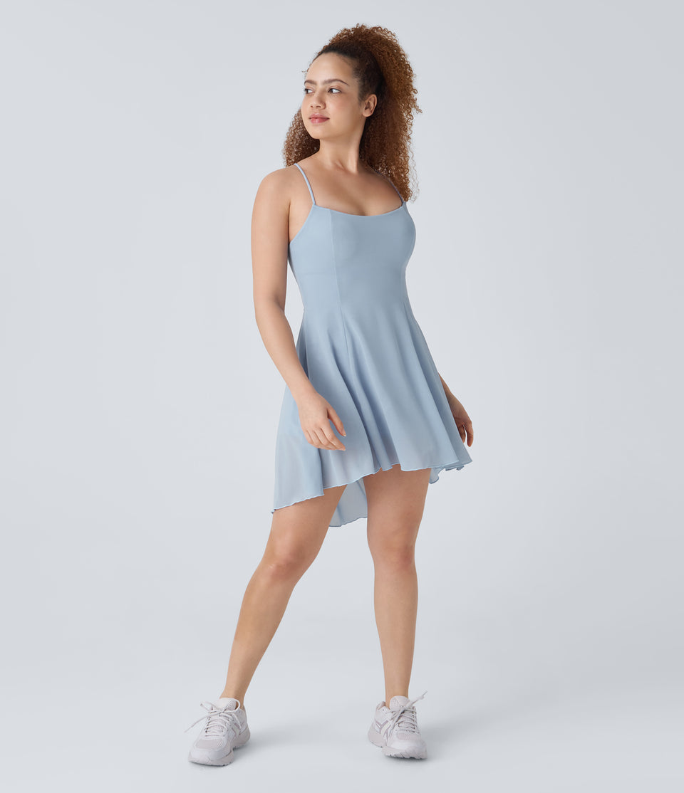 Backless Lace Up 2-in-1 Pocket High Low Contrast Mesh Flowy Mini Dance Active Dress