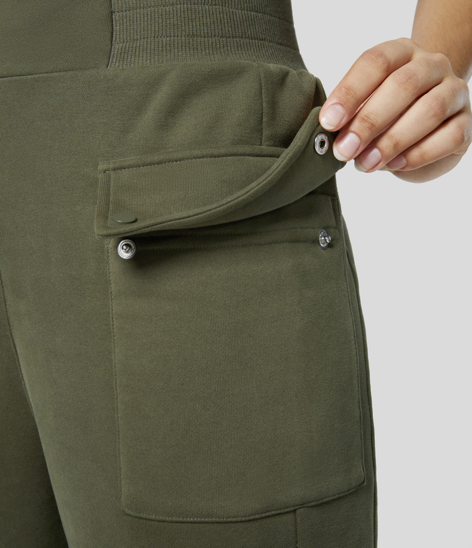 Mid Rise Elastic Waistband Multiple Pockets Zipper Fleece Hiking Cotton Cargo Sweatpants