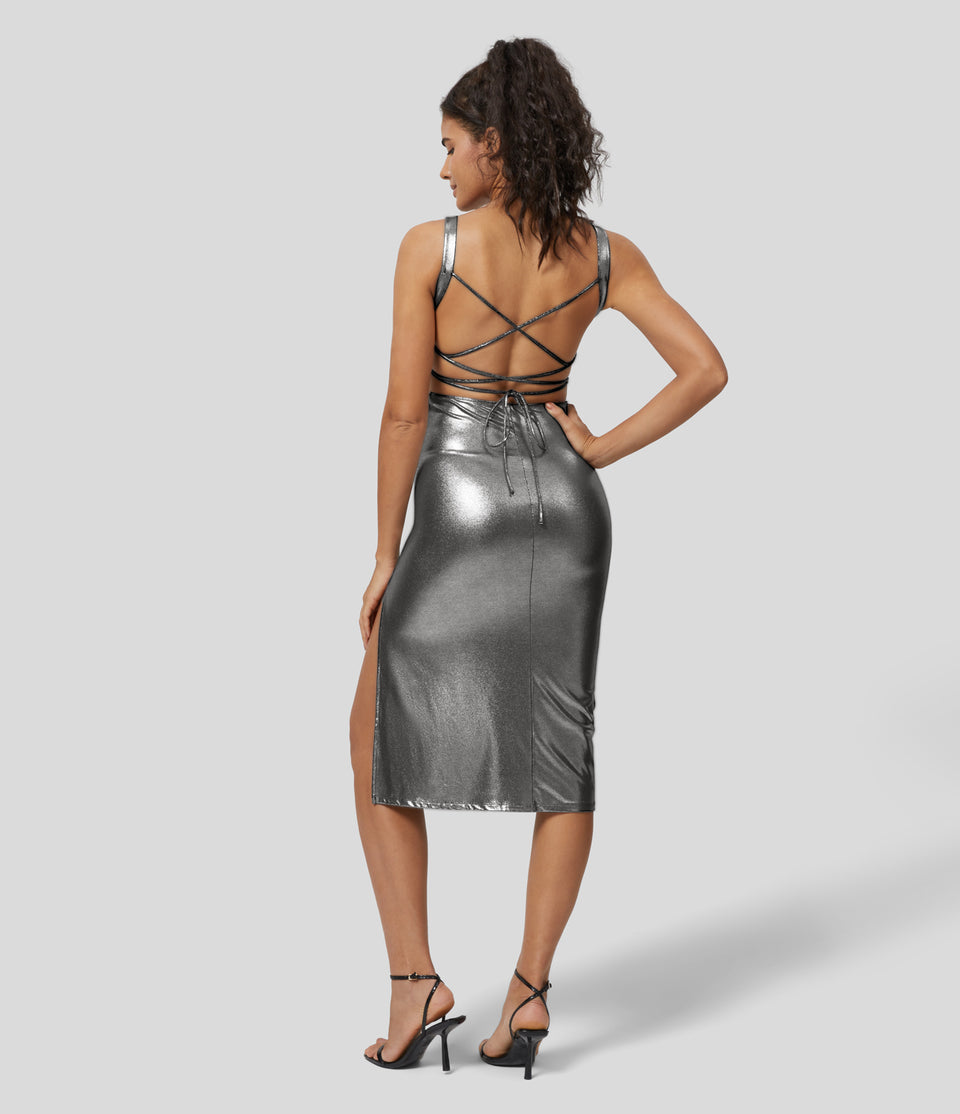 Softlyzero™ Faux Leather Backless Crisscross Lace Up Ruched Split Hem Foil Print Stretchy Bodycon Midi Party Slip Dress