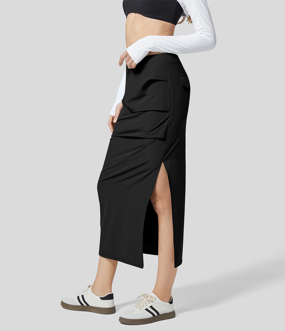 Mid Rise Side Invisible Zipper Ruched Split Hem Straight Midi Casual Cargo Skirt
