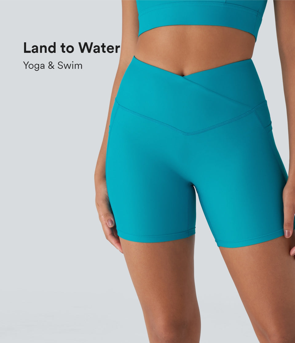 Land to Water High Waisted Crossover Side Pocket Yoga Bikini Bottom Swimsuit