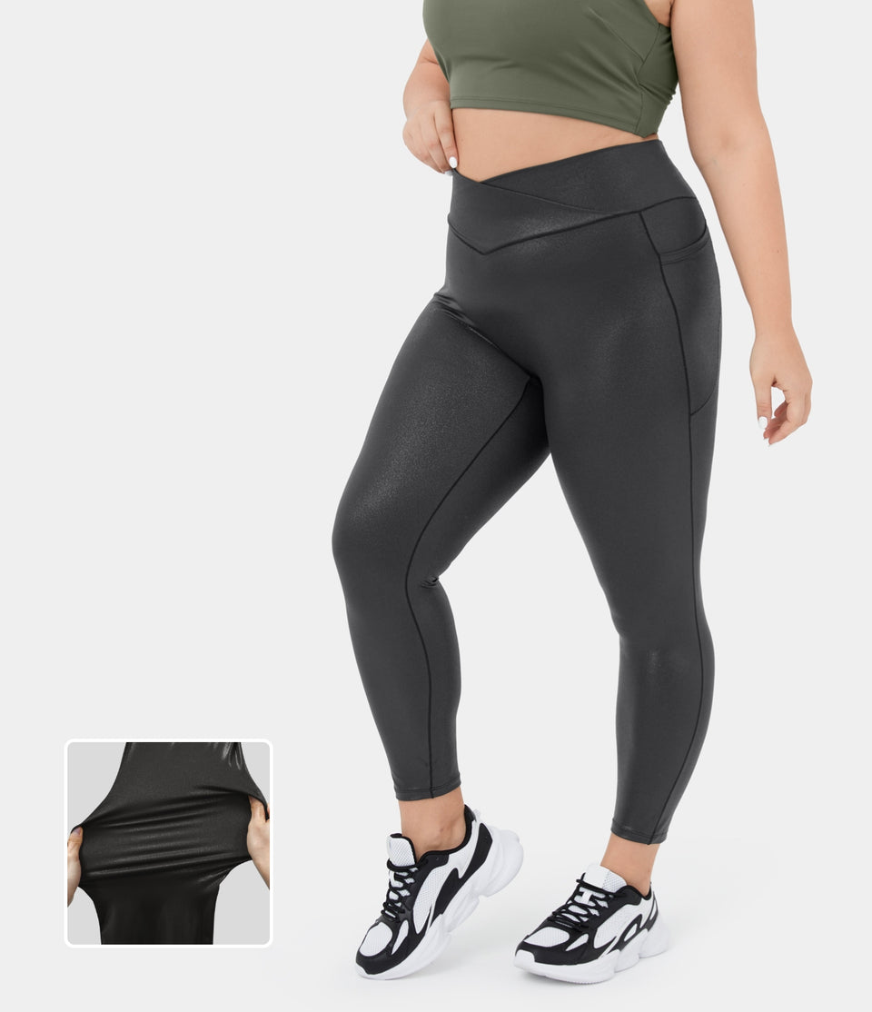 Softlyzero™ Faux Leather Crossover Pocket Foil Print Stretchy Yoga 7/8 Plus Size Leggings