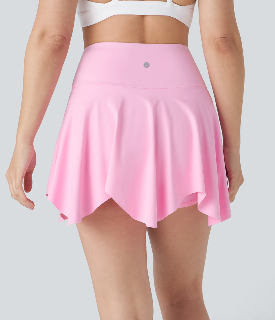 High Waisted Crossover 2-in-1 Side Pocket Asymmetric Flare Mini Yoga Skirt