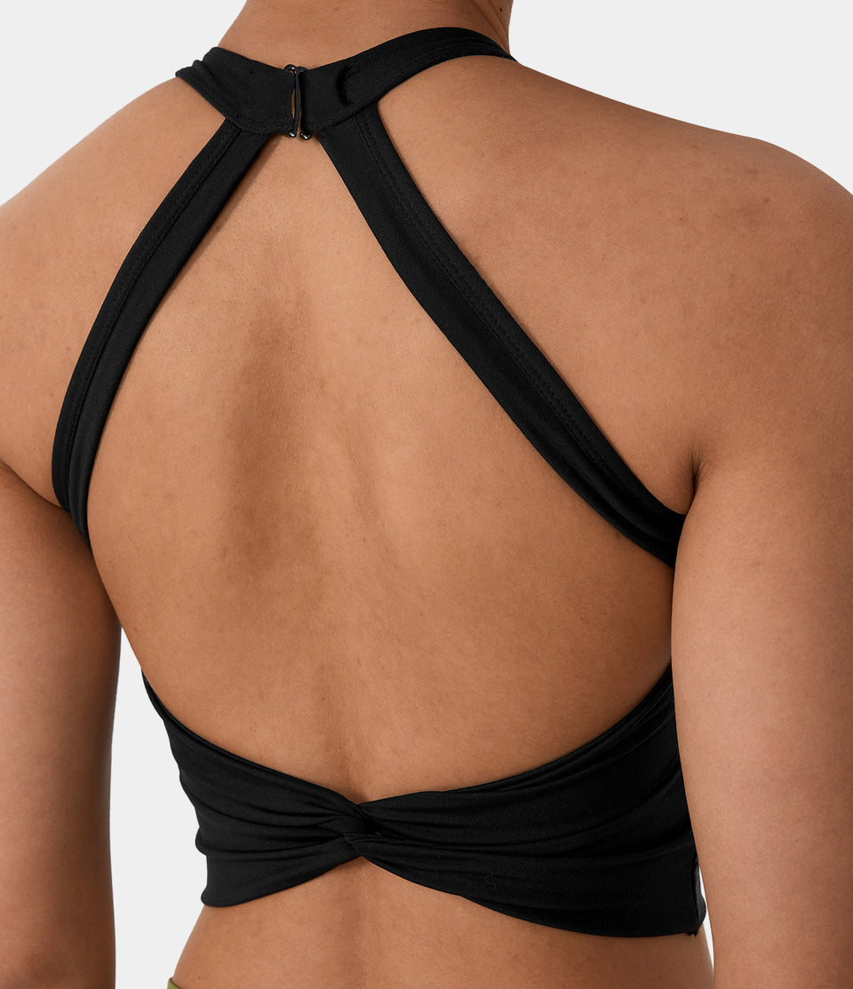 Softlyzero™ Airy Low Support Halter Neck Contrast Mesh Backless Twisted Cool Touch Sports Bra-UPF50+