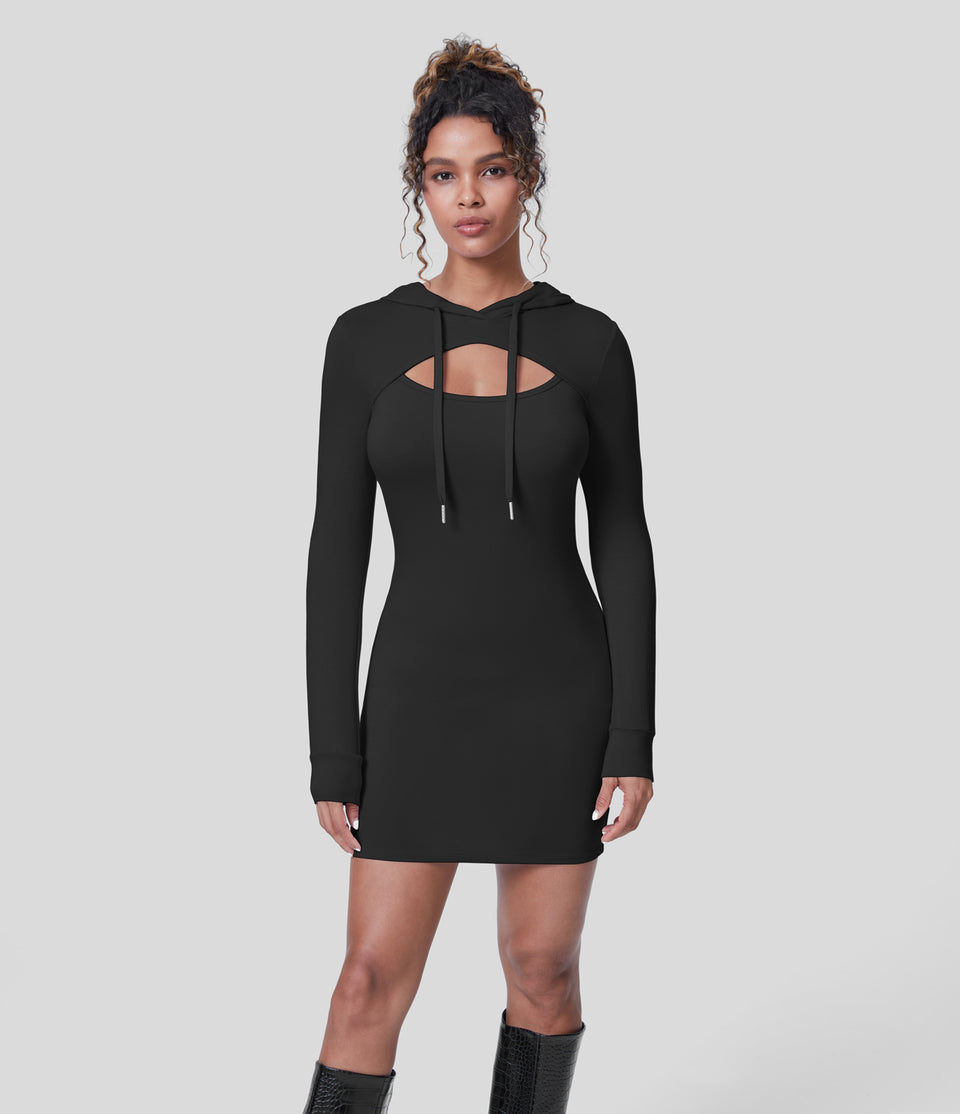 Hooded Drawstring Cut Out Long Sleeve Bodycon Mini Casual Hoodie Dress
