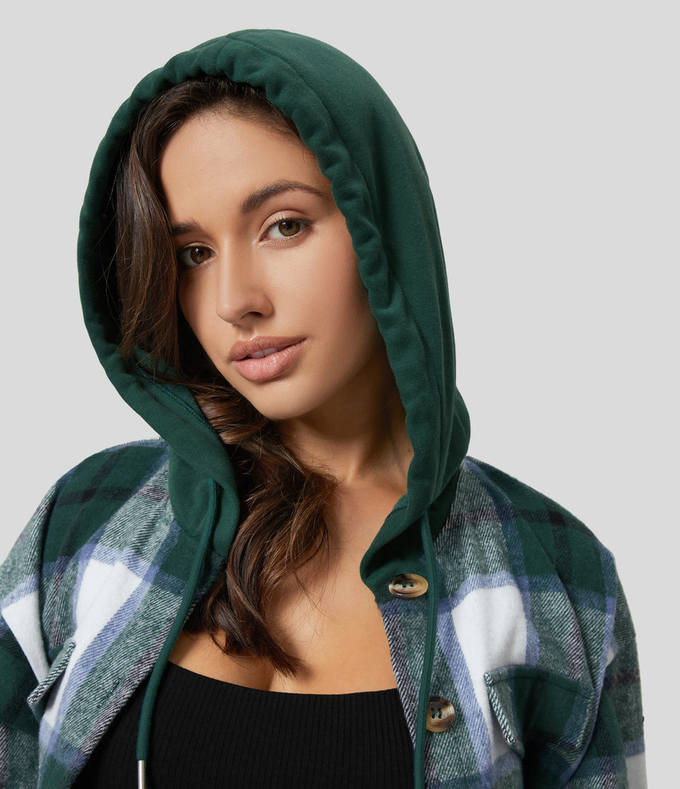 Hooded Drawstring Button Front Cropped Plaid Fleece Casual Jacket
