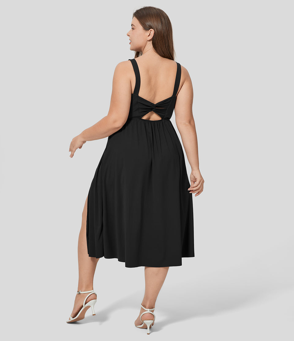 Backless Twisted Side Pocket Split Midi Casual Plus Size Dress