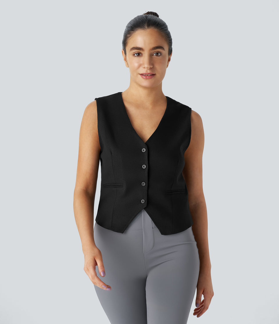 V Neck Button Decorative Pocket Linen-Blend Work Vest
