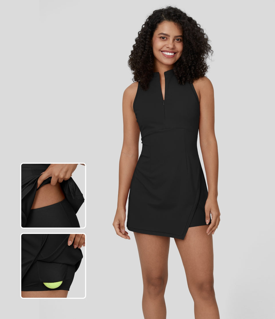 Zipper Racerback Split Side Pocket 2-Piece Mini Tennis Active Dress