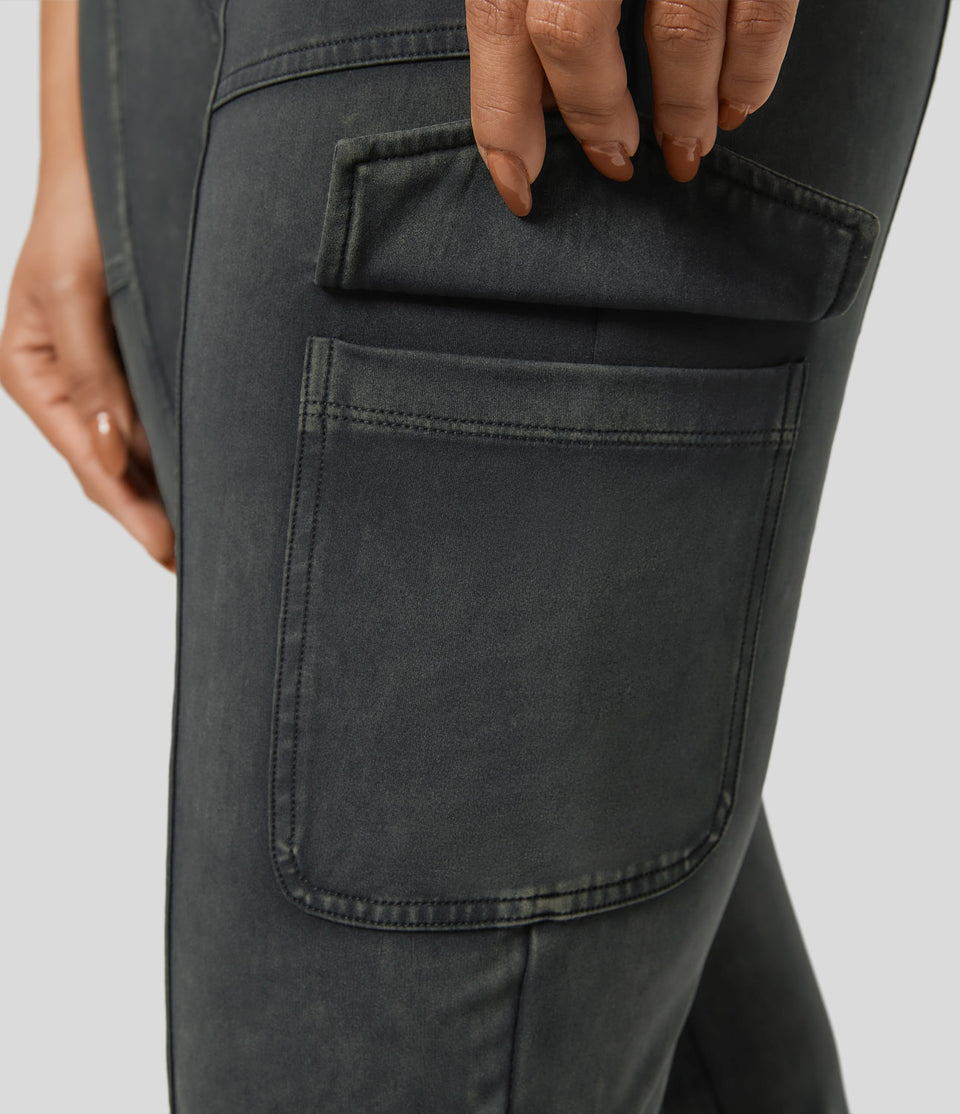 High Waisted Multiple Pockets Washed Casual Cargo Pants