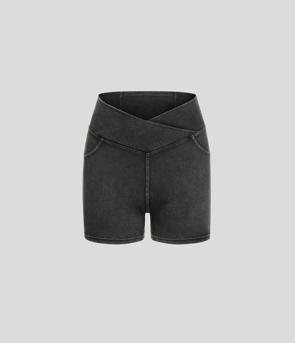 HalaraMagic™ High Waisted Crossover Back Side Pocket Stretchy Knit Denim Casual Shorts 3"