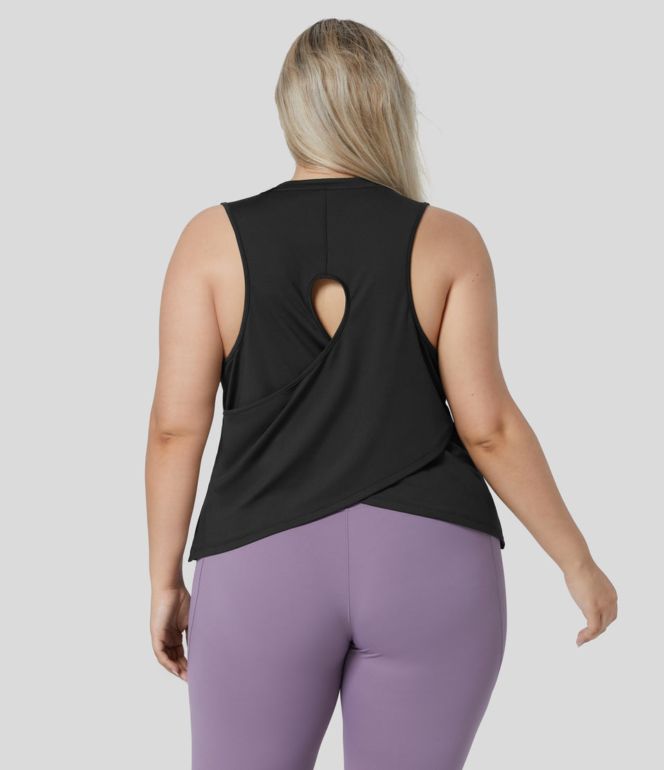 Cut Out Crossover Hem Solid Yoga Plus Size Tank Top