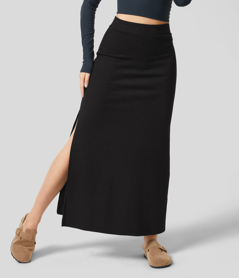 Ribbed High Waisted Split Hem A Line Maxi Casual Skirt