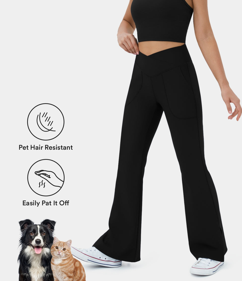 Patitoff® Flow Pet Hair Resistant Crossover Pocket Split Hem Yoga Flare Leggings-Smile