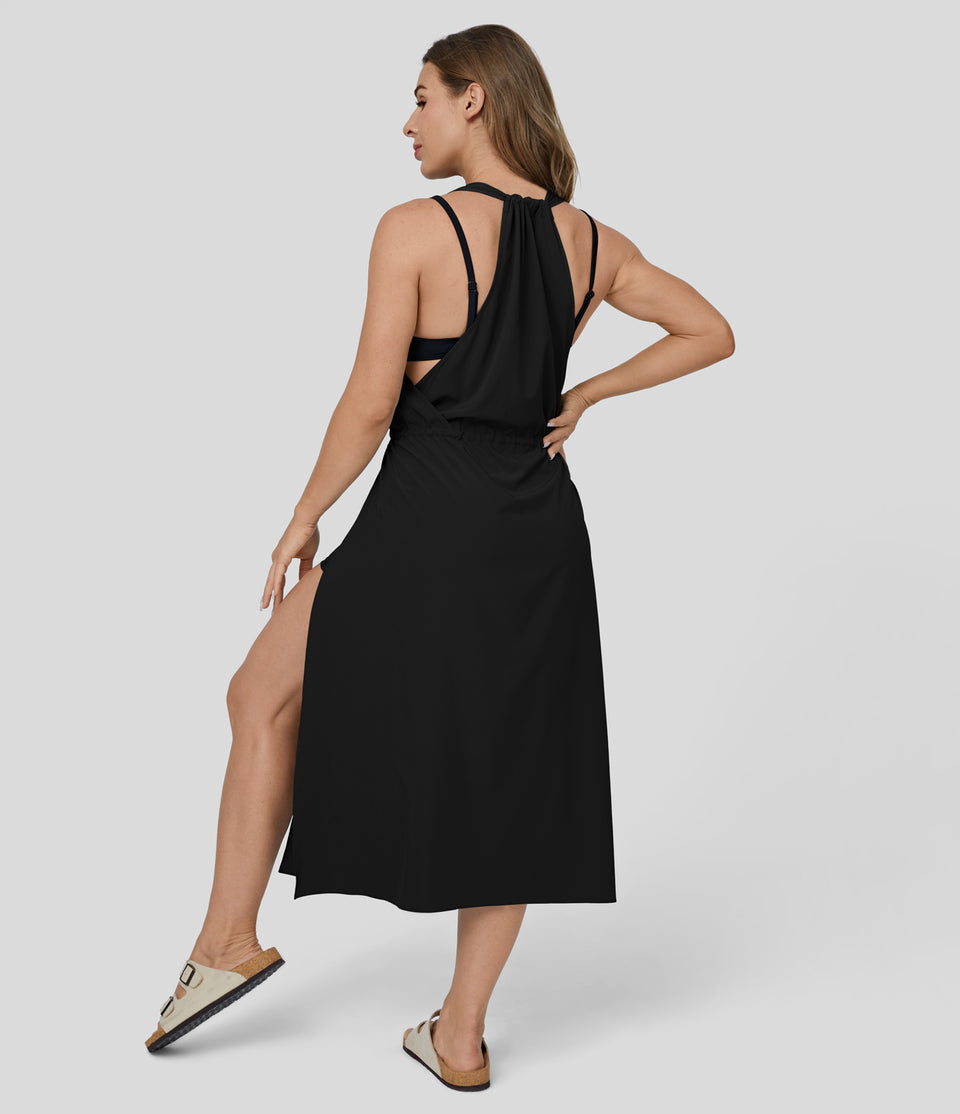 Breezeful™ V Neck Sleeveless Backless Drawstring Split 2-piece Side Pocket Flowy Quick Dry Casual Midi Dress