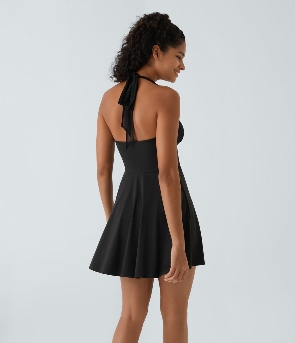 Halter Backless Contrast Mesh 2-Piece Set Side Pocket Flare Mini Casual Dress