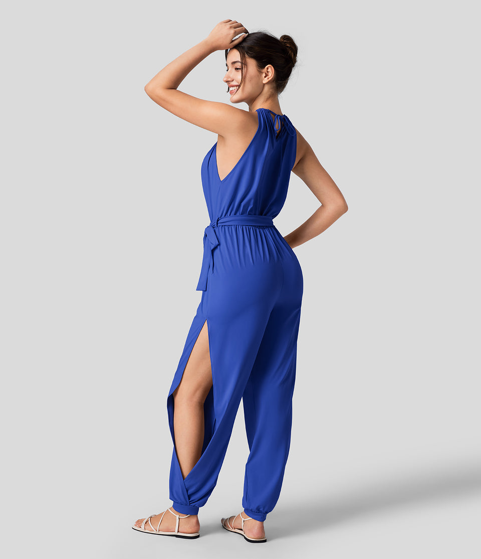 Sleeveless Tie Back Plicated Belted Side Pocket Cut Out Cool Touch Resort Jumpsuit-UPF50+